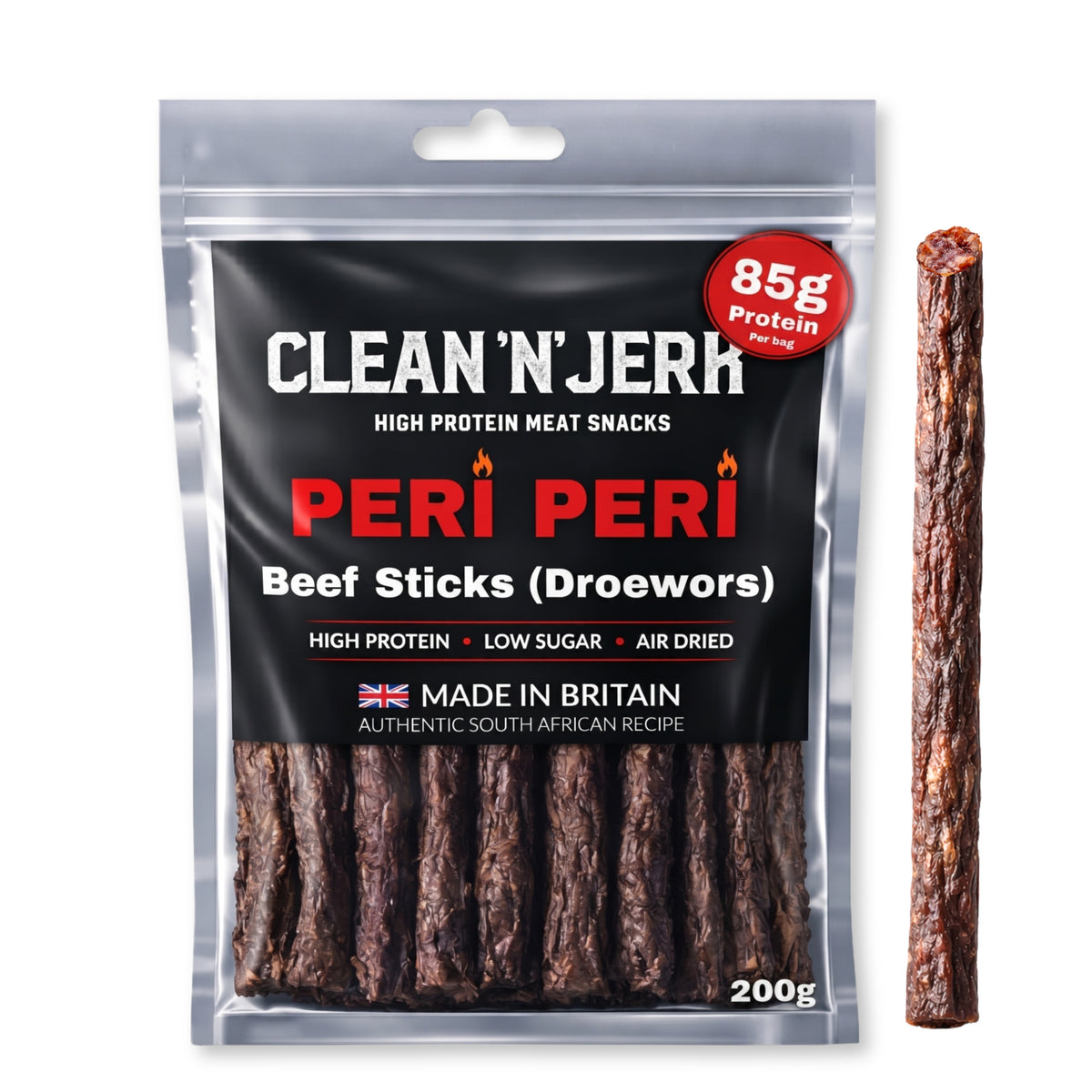 Peri Peri Droewors beef sticks pouch with one meat stick beside it