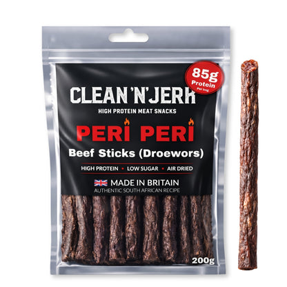 Peri Peri Droewors beef sticks pouch with one meat stick beside it