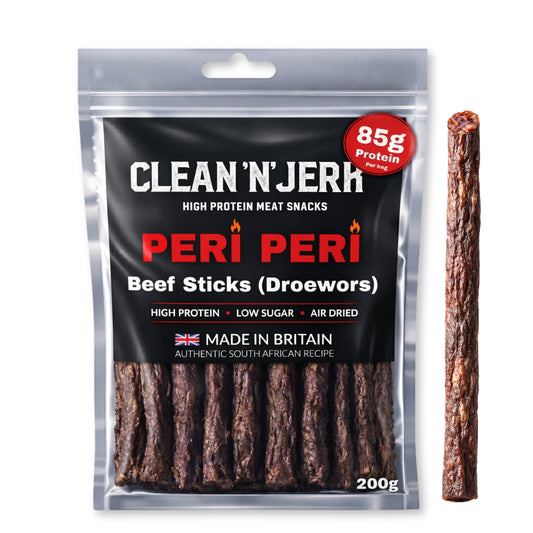 Peri Peri Droewors beef sticks pouch with one meat stick beside it