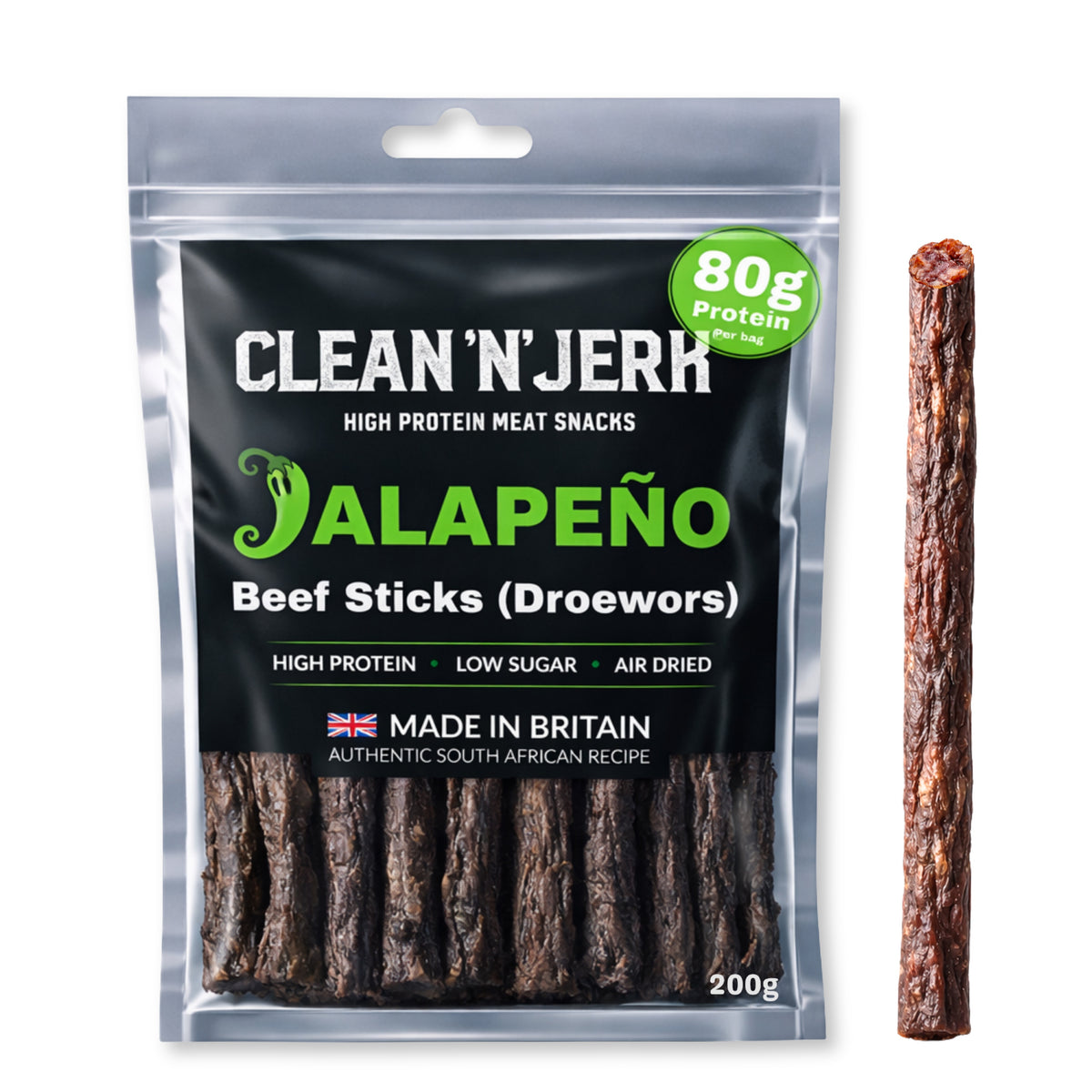 Jalapeño Droewors beef sticks pouch with one meat stick beside it