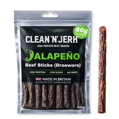 Jalapeño Droewors beef sticks pouch with one meat stick beside it