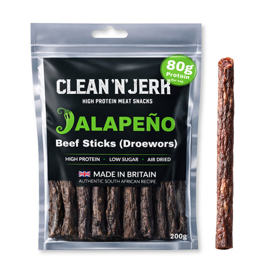 Jalapeño Droewors beef sticks pouch with one meat stick beside it