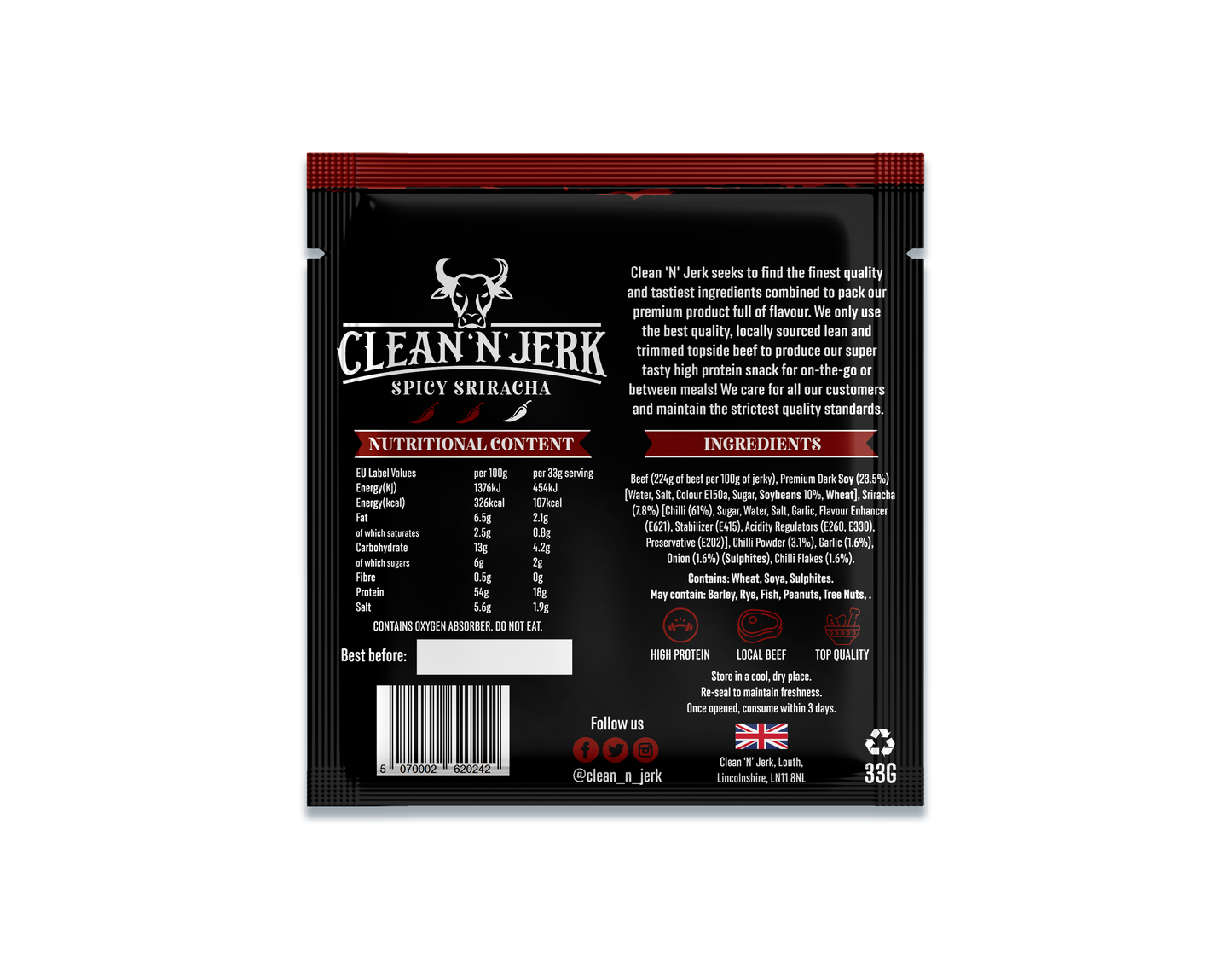 Spicy Sriracha Beef Jerky 33g | Sriracha flavor Jerky | Clean 'N' Jerk